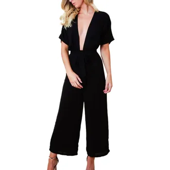 

2019 MAXIORILL new women's summer V-neck belt solid color casual loose jumpsuit trousers wholesale free shipping t3+3