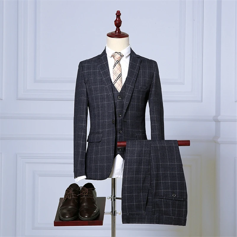 Autumn Men Striped Plaid Suit Jackets and Suit Trousers Navy Blue and
