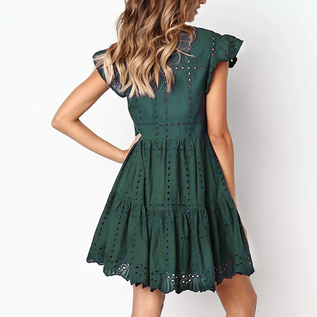 Hollow Out Ruched A-Line mini dress woman Ruffles Sleeve beach dress woman basic O-Neck dresses summer sukienka vestidos #G6 Hollow Out Ruched A-Line mini dress woman Ruffles Sleeve beach dress woman basic O-Neck dresses summer sukienka vestidos #G6