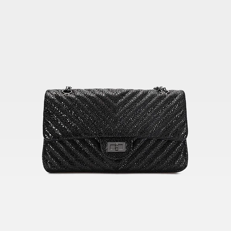 

Leather Handbags 2018 Spring and Summer New Two-story Cowhide Lingge Chain Bag Pearl Fish Small Incense Wind Messenger Bag
