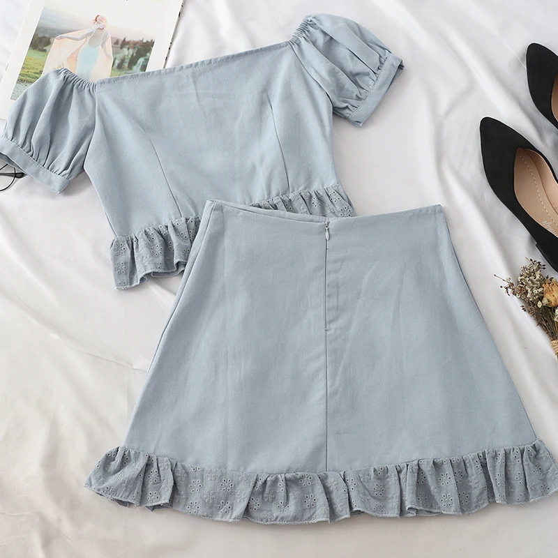 2 Piece Skirt Set Women Fashion Solid Denim Korean Set Slash Neck Short Sleeve Crop Top And Buttock Skirt Ladies Casual Suit Set