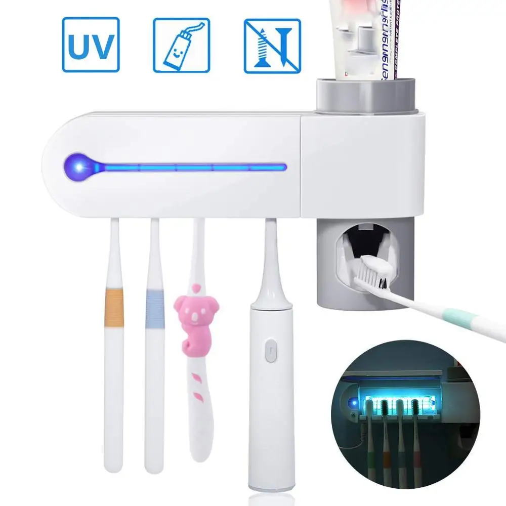 

Antibacterial UV Toothbrush Holder and Sterilizer Automatic Toothpaste Dispenser Bathroom Suction Wall Mounted Toothbrush Holder