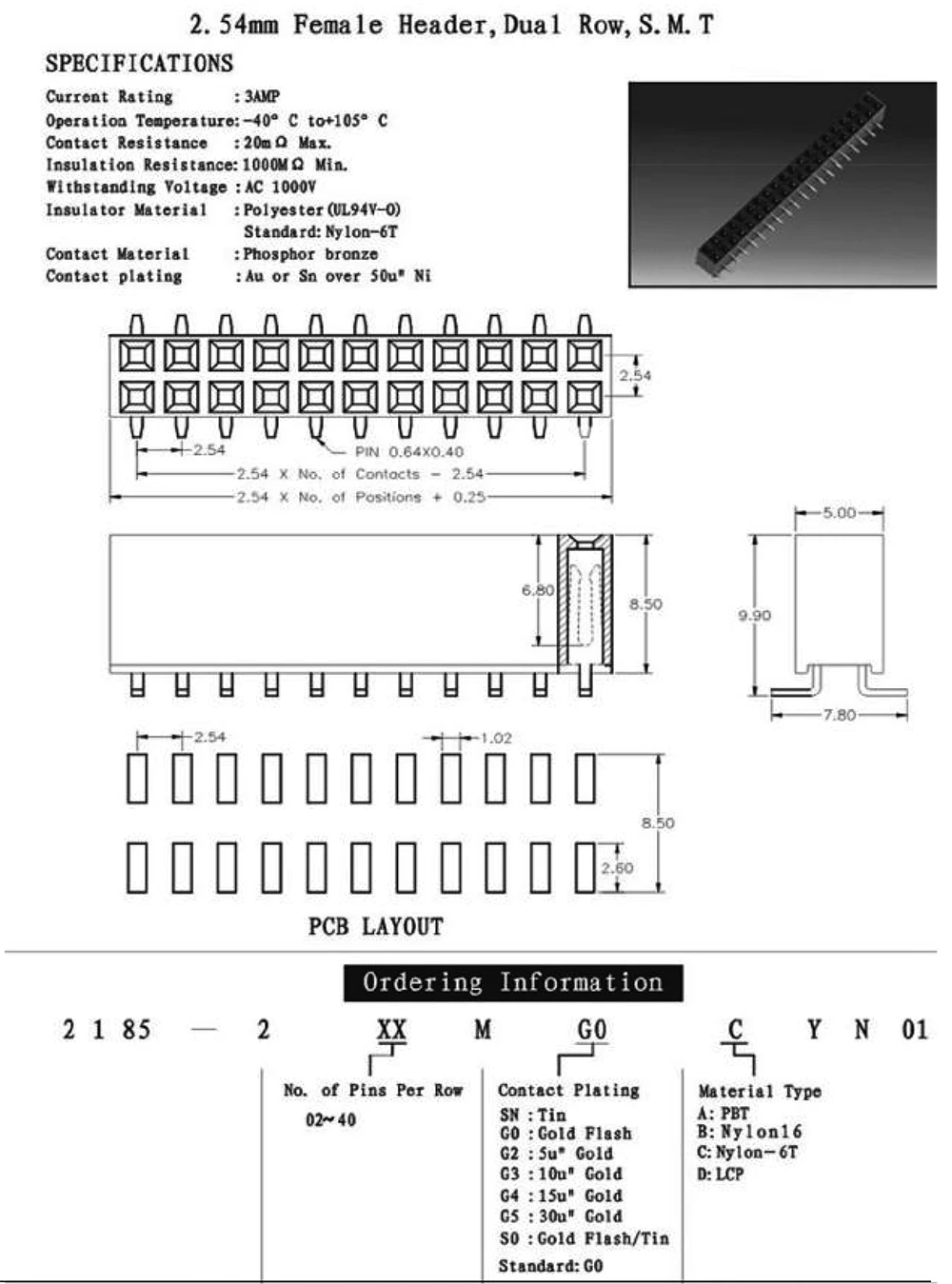 2X40P female header PH8.5 SMT