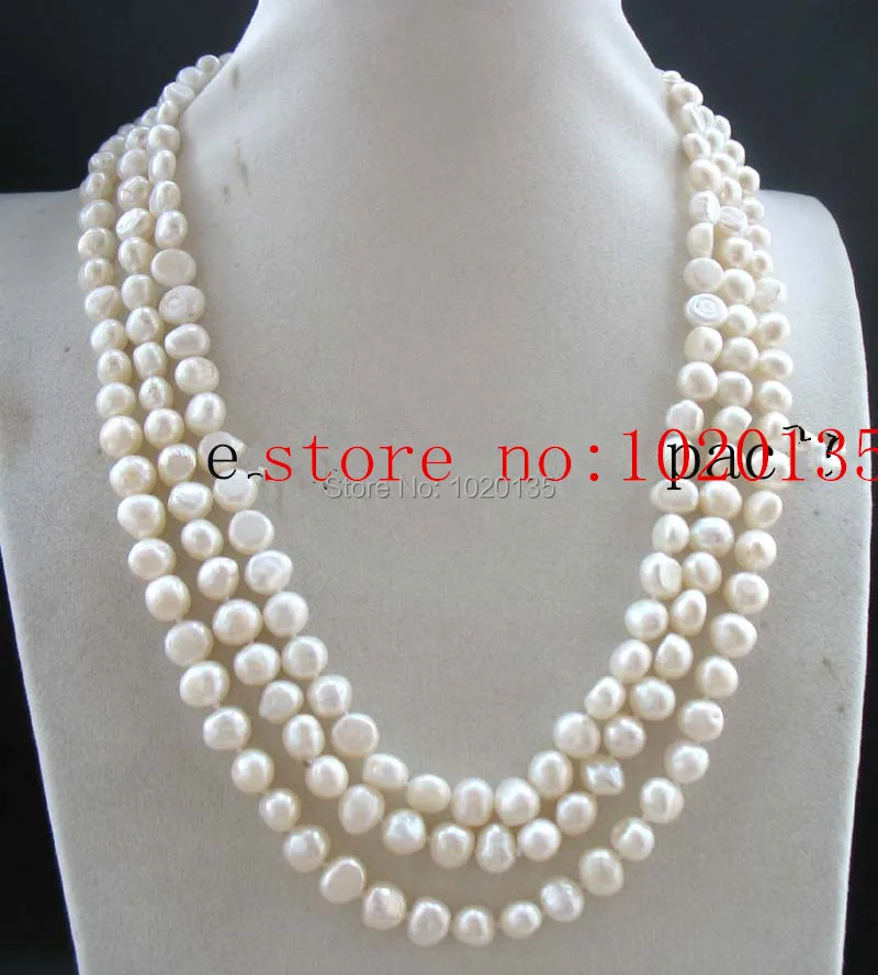 

wow! 3rows freshwater pearl white baroque 8-9mm necklace 19-21" nature long FPPJ