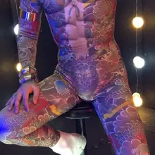 Хэллоуин ночной клуб мужчины певец костюм для танца на пилоне Обнаженная печать руны комбинезон-Татуировка стрейч купальник Комбинезоны сценическая одежда диджея