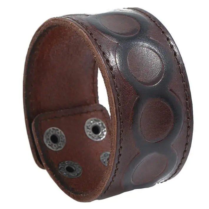 

Vintage Retro Fashion Men Wide Genuine Leather Buckle Bracelets Casual Circle Round Charms Bangles Adjustable Wristbands Jewelry
