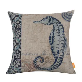 

LINKWELL 18x18" Navy Blue Hippocampus Red Coral Coast Ocean Sea Horse Marine Burlap Cushion Cover Throw Pillowcase Nautical