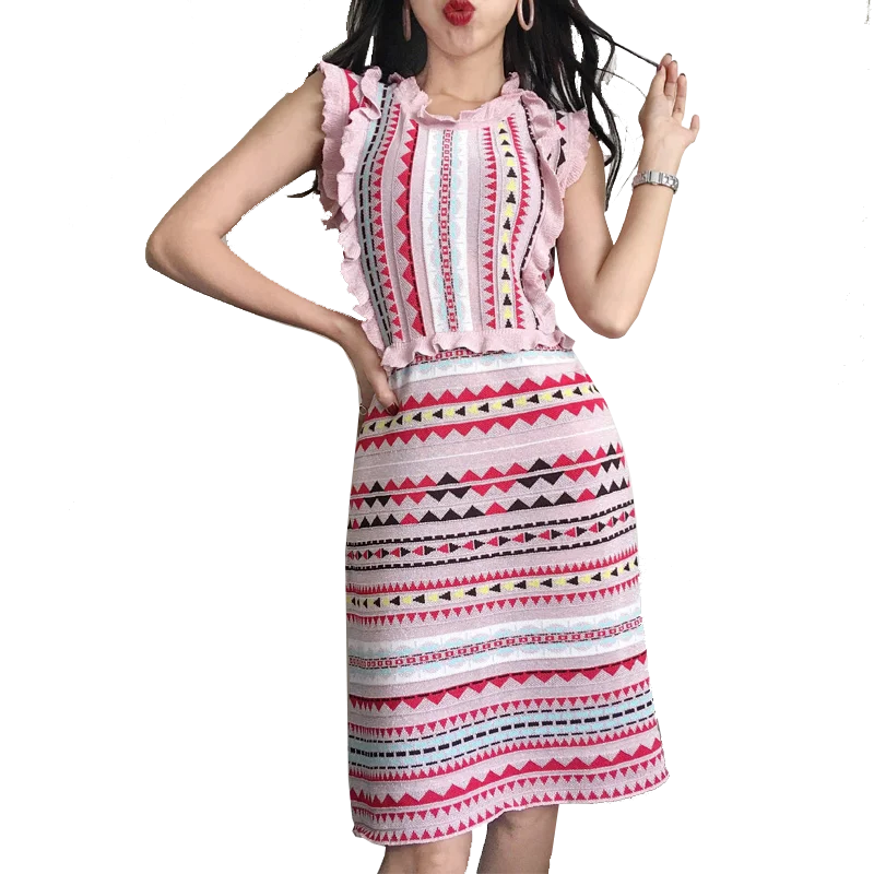 Sweet 3d Jacquard Bright Line Rainbow Striped Knit Dress Ruffles Sleeveless High Waist Fungus