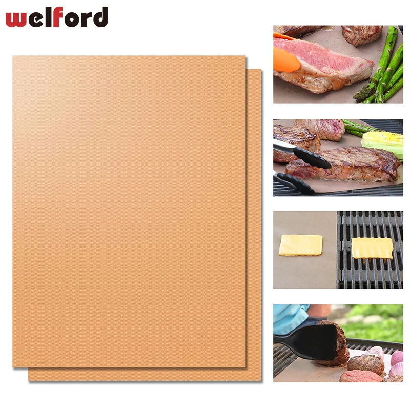 2pcs Gold CopperHeat Resistant BBQ Grill Mat Copper Barbecue Roast