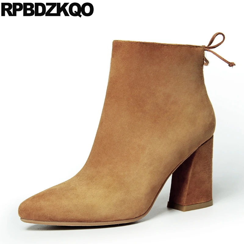 

Winter British Elegant Genuine Leather Autumn Women Ankle Boots Medium Heel Pointed Toe Suede Chunky High Sheepskin Booties