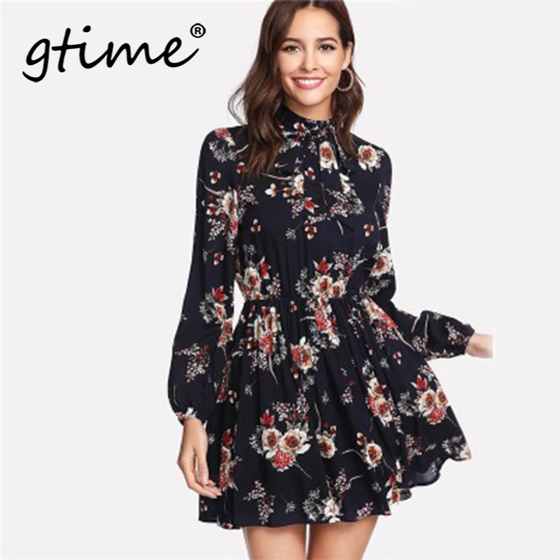 

Gtime Dropshipping Floral Women Dresses Multicolor Elegant Long Sleeve High Waist A Line Chic Dress Ladies Tie Neck Dress YJH037