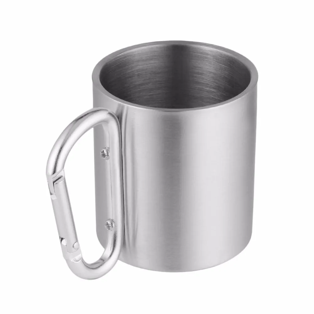 

1PC 180ML Portable Stainless Steel Camping Cup Mug Traveling Carabiner Aluminium Hook Double Wall Tea Coffee Outdoor Hiking