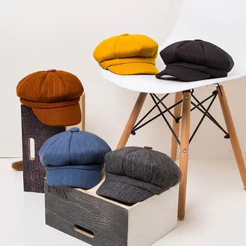 

Women Vintage Cotton Beret Retro Artist Painter Stripe Hat Winter Autume Literary Peaked Cap Head Accessories