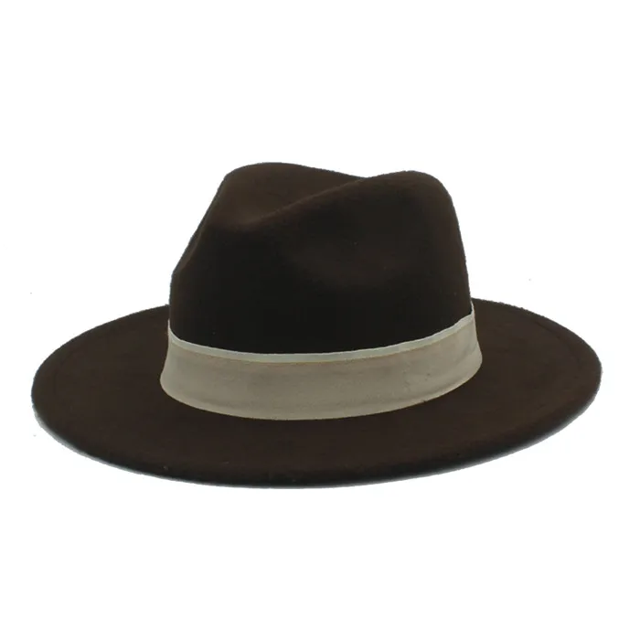 Шерстяная женская мужская фетровая шляпа Федора с широкими полями Chapeu Feminino Jazz Hat для леди Outback шляпы сомбреро размер 56-58 см - Цвет: Coffee