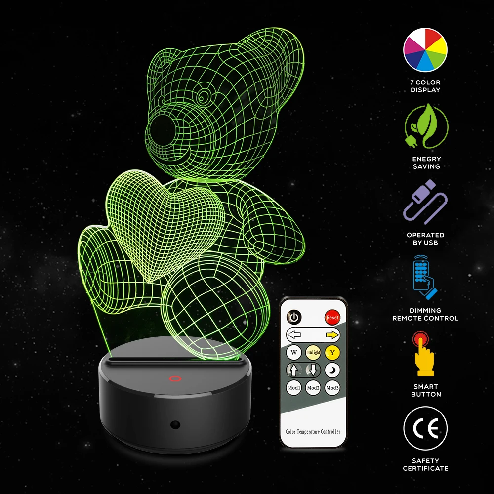 

New Love Bear 3D Illusion Lamp 7 Color Change Touch Switch LED Night Light Acrylic Desk Lamp Atmosphere Lamp Novelty Lighting