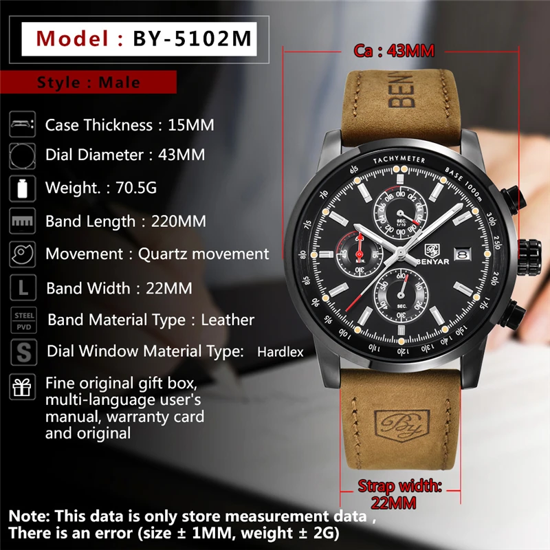 BENYAR Men's Sports Chronograph Quartz Watch Original Luxury top waterproof men's clock leather mil