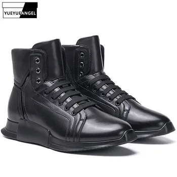 

Luxury Brand High Top Genuine Leather Mens Shoes 2019 New Winter Warm Zip Black Cotton Ankle Boots Men Increasing Platform Shoes