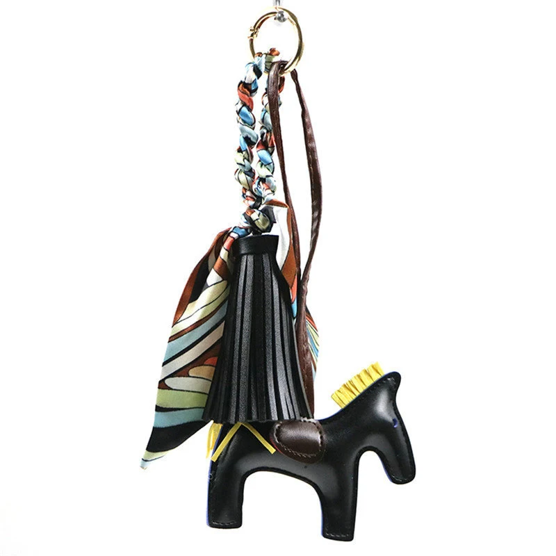 Модный бренд кожаный PU Брелок лошадь шелковая лента бант-Узел кожаный брелок для ключей с кисточкой chaviro брелок для женщин украшение подвеска на сумку - Цвет: black