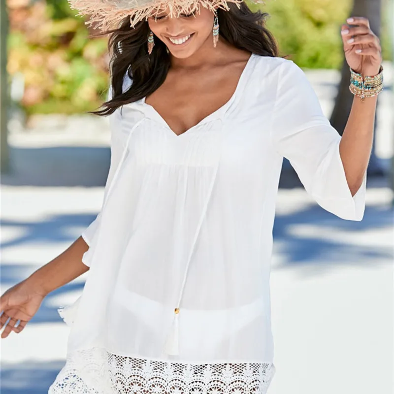 

Beach Beachwear Saida De Praia Summer Cape On The Pareo Female Swimsuit 2019 Suits New Cotton Folding Front Lace Skirt Solid