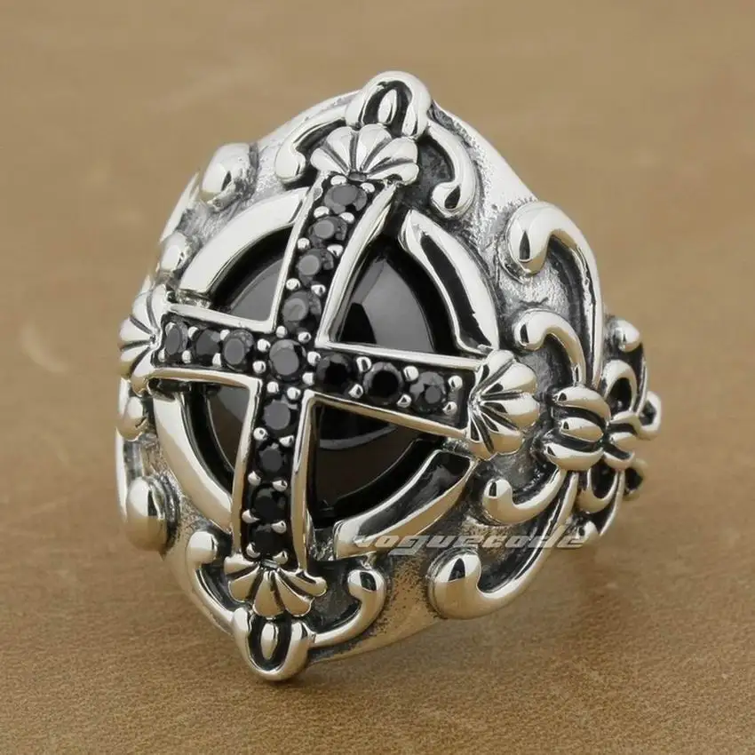 925 Sterling Silver Goth Big Black CZ Cross Gothic Punk Rock Mens Ring