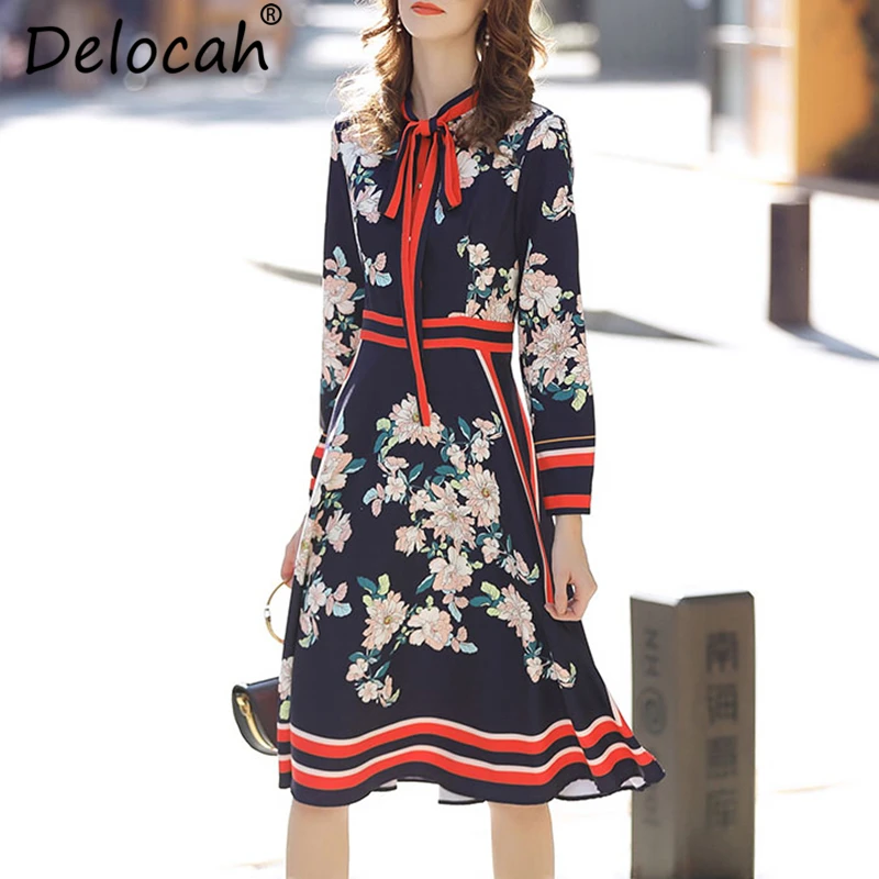 

Delocah Autumn Women Dress Runway Fashion Designer Long Sleeve Simple Bow Flower Printed A-Line Knee-Length Slim Dresses