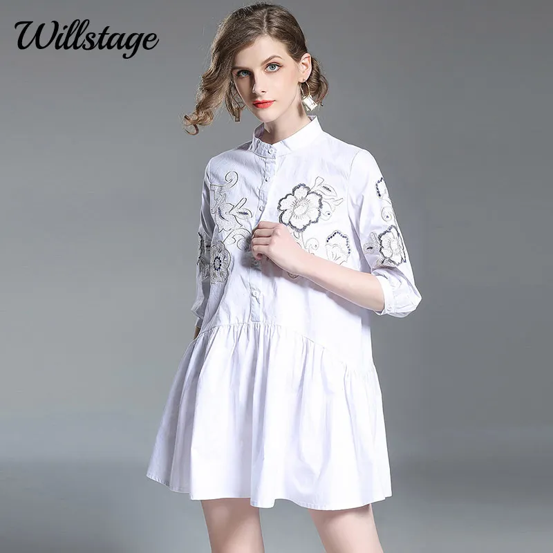 Willstage Summer White  shirt  Dress  Women Pleated  Mini 