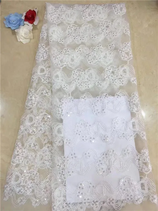 

2019 high quality French Nigerian sequins net lace,African tulle mesh sequence lace fabric for party dress 5yards/lot white(