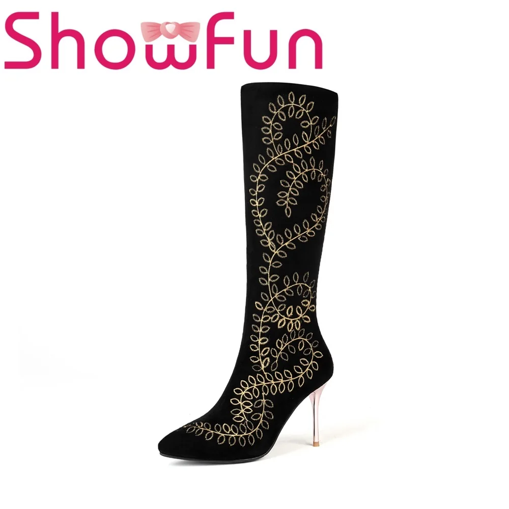 

Showfun genuine leather shoes woman winter solid mid-calf pointed toe zipper short plush super high thin heel boots