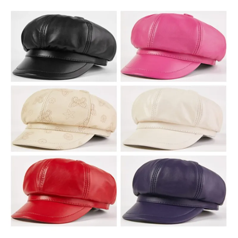 Autumn Women's Sheepskin Leather Newsboy Caps Elegant Lady Genuine Leather Hat Simple Fashion Young Women Trend Cap cotton newsboy cap
