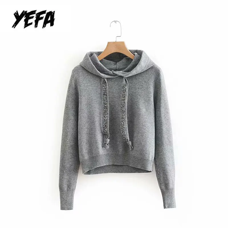 

Yefa women knitted hoodie sweatshirts 2019 autumn winter korean woman hooded sweatshirt Ladies pullovers black white office tops