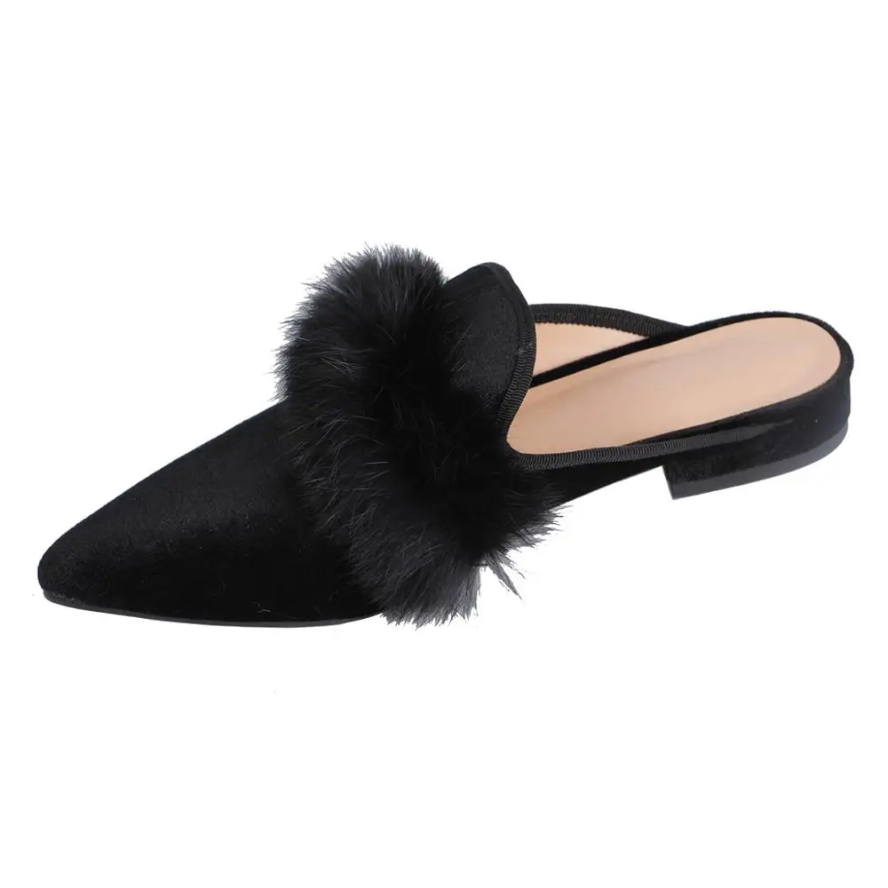 

Maguidern shoes for women, Natural real fur Flat Mule slippers pointed toe velvet slides