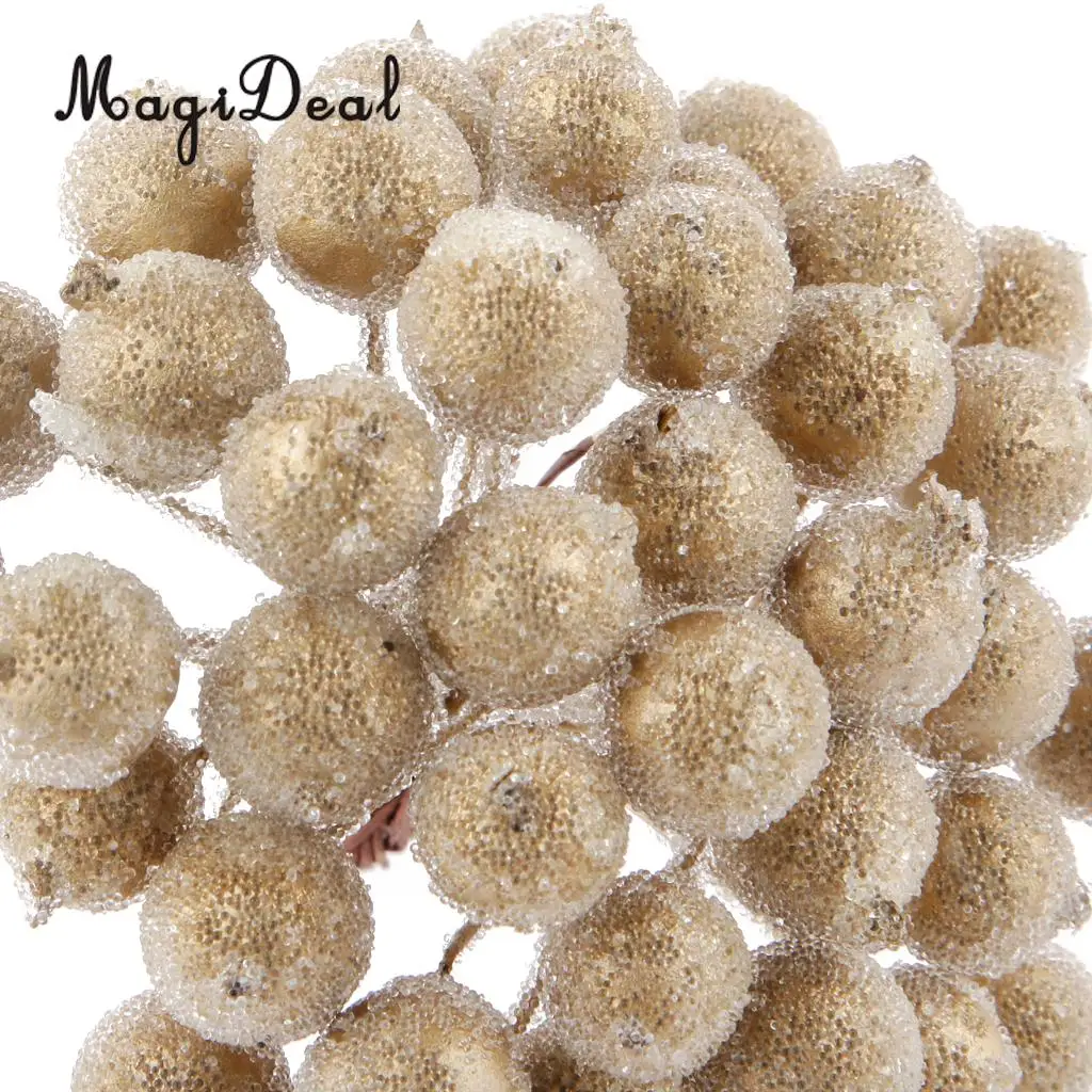 MagiDeal 200 pcs Mini Artificial Frosted Berries Christmas Frosted Fake Fruit Berry Holly Artificial Plant Decor Gold