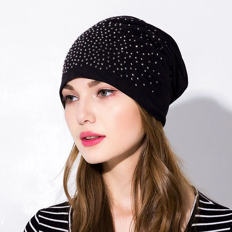 Naiveroo Rhinestone Beanies Women Cap Autumn winter Warm Knitted Cap