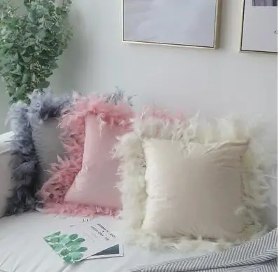 

Nordic feather frill cushion cover pillowcase lumbar pillow cover grey/pink/cream white pillow cover