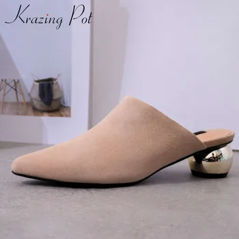

Krazing Pot new kid suede med heels elegant lady oxford pointed toe high quality slip on mules shopping beauty lady pumps L25