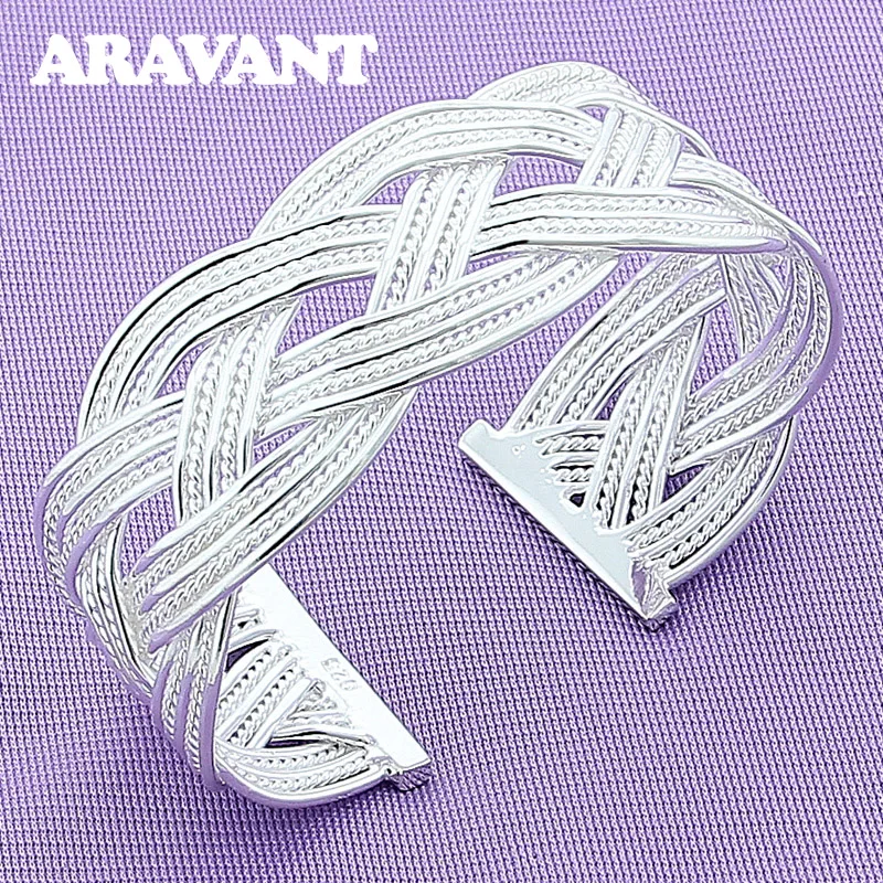

925 Silver Women Fashion Weave Cuff Bangles For Women Party Jewelry Gift