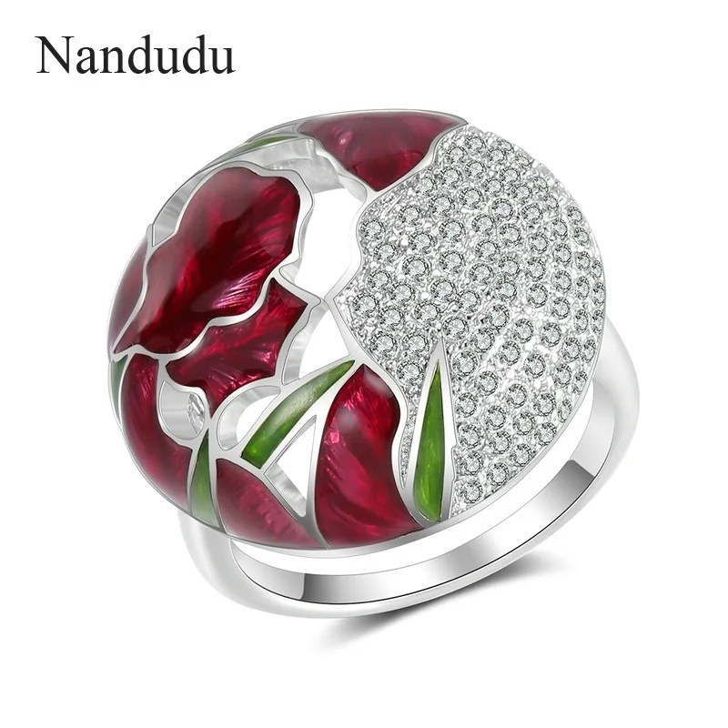 Nandudu цветное глазурное кольцо для женщин, девушек, эмаль, цветок, белый кубический циркон, камень, кольцо, вечерние ювелирные изделия R2010 R2011 - Цвет основного камня: R2010