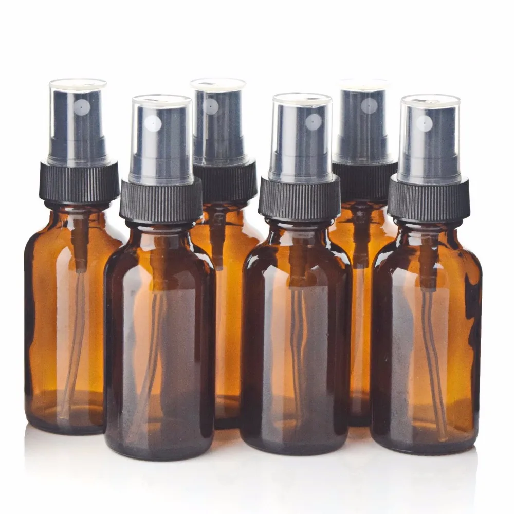6pcs 30ml Amber Glass Spray Bottle with Black Fine Mist Sprayer Refillable Essential Oil Bottles Empty Cosmetic Containers 1Oz