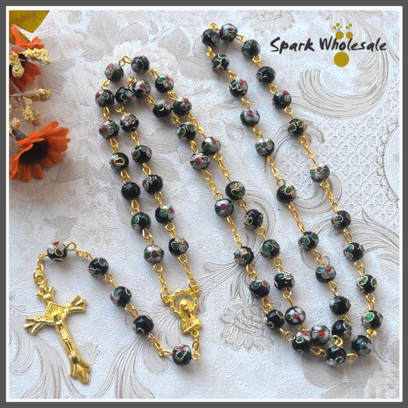 5pcs/lot Catholic Gold Black Cloisonne Rosary Necklace Jesus Cross