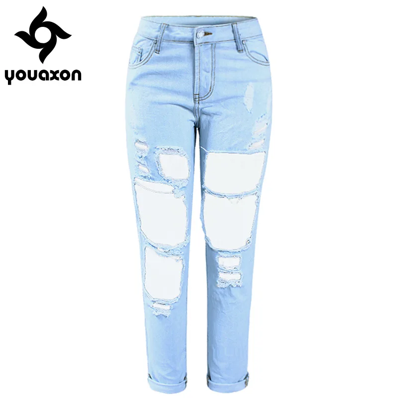 1879 Youaxon женские Рваные дыры бойфренда со средней талией, синий светильник, настоящие джинсовые капри для женщин, рваные джинсы - Цвет: light blue