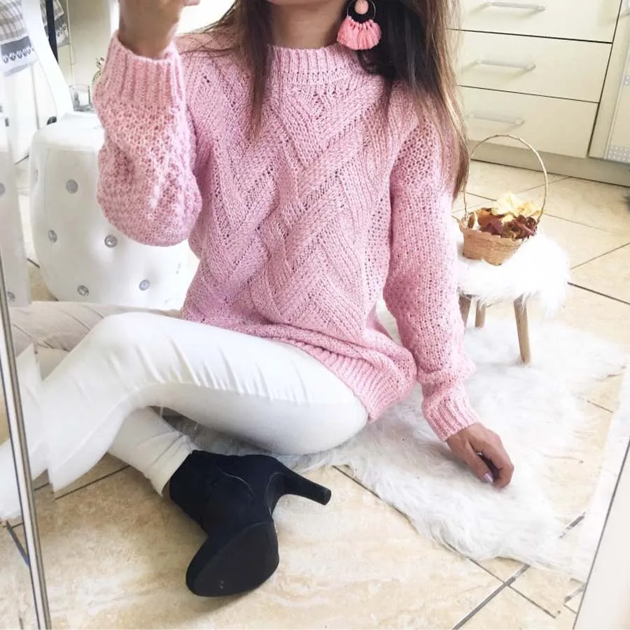 Winter O-neck Women's Sweater Jersey Woman Mohair Knitted Twisted Thick Warm Lady's Pullover 2018 College Jumper Women Pink Gray