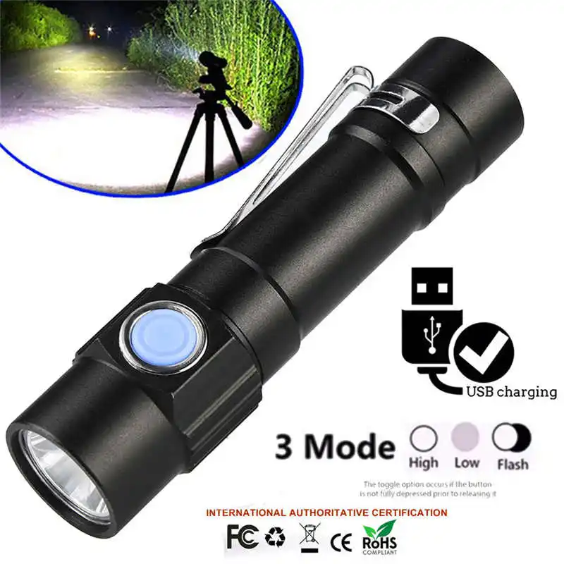 Mini Q5 LED USB Rechargeable Flashlight Torch Lamp Light 3Modes powerful led flashlight laser pointer,use 14500 battery #3S25 (1)