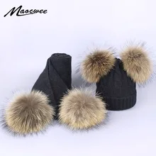 Комплект из 2 предметов, новинка, зимняя шапка из натурального меха енота с помпоном и шарф для женщин и девочек, Хлопковая женская зимняя вязаная шапка, Повседневная однотонная шапка