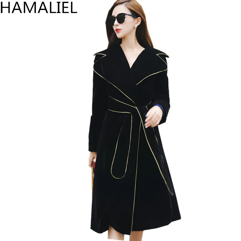 Hamaliel черный бархат Для женщин длинное пальто взлетно-посадочной полосы осень-зима с длинными рукавами и отложным воротником Подпушка воротник регулируемый пояс Женский Тренч
