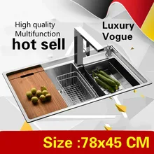 Дома высокого качества кухня ручная раковина двойной паз пищевые продукты длительного хранения 304 нержавеющая сталь Горячая 780x450 мм