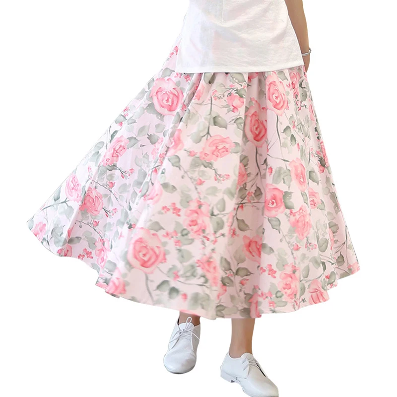 Ботильоны-Длина с цветочным принтом гофрированные расширяющиеся книзу юбка китайское традиционное Стиль с эластичной резинкой на талии юбка Лидер продаж Демисезонный Для женщин юбка