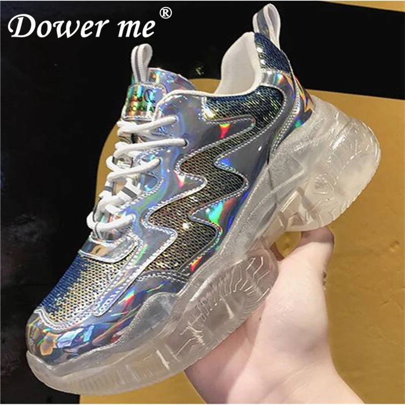 

2019Bling Daddy height 5CM Women Spring Casual Shoes tenis Female Platform Shoe Transparent sneakers Chaussure Femme laser Flash
