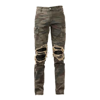 

Mcikkny Retro Men's Ripped Camouflage Jean Washed Fashion Biker Denim Trousers Streetwear Pleated Pants For Male Patchwork