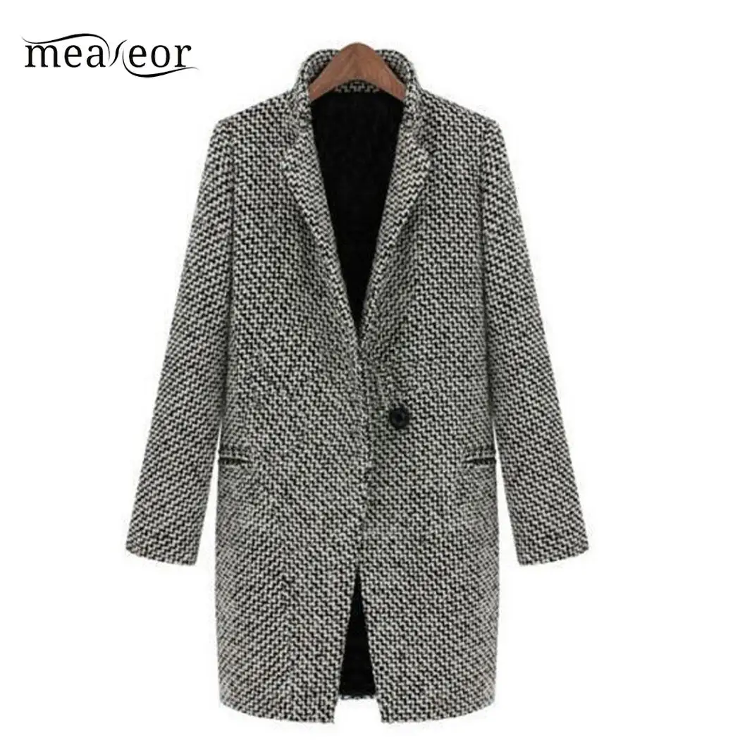

Meaneor Casual Winter Women Coats Outwear Long Sleeve Wool Button Coat Outerwear Solid Winter Autumn Blends with Side Pocket