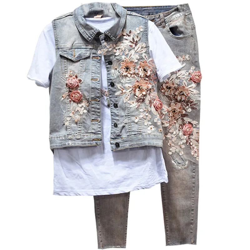 Flower Cowboy Vest+ Stretch Pants Casual Suits Women's Denim Jacket+Denim Pants Set Female Two Piece Jeans Set For Women